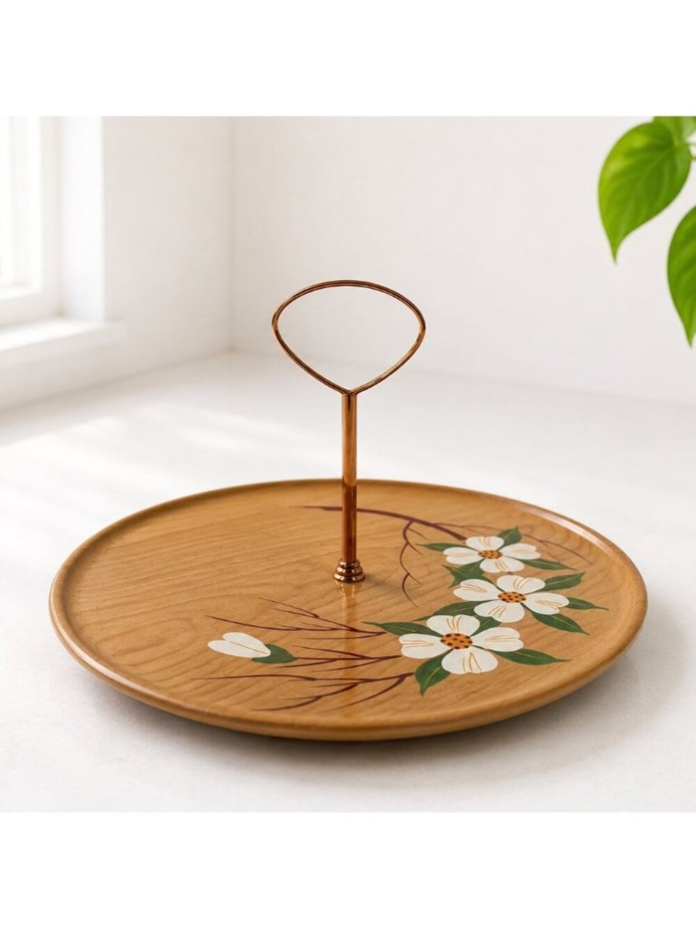Vintage Hand-Painted White Dogwood Wooden Tray with Copper Handles